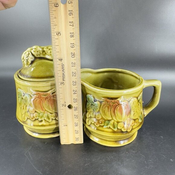 Vintage Ceramic Olive Green Sugar Bowl Creamer Fruit Veggies Made Japan Set - Picture 5 of 16